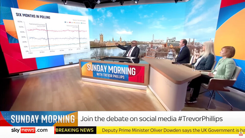Image showing Trevor Phillips interviewing guests and gesturing at a graphic in the new Sky News studio